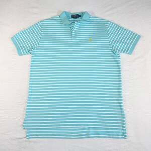 Polo Ralph Lauren Men's Vintage XL Aqua/White Striped Polo Shirt, Yellow Pony